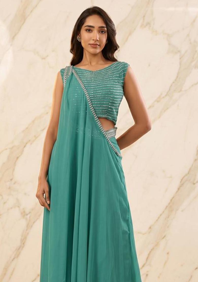 Teal Embroidered Handwork Fusion Set - Indya