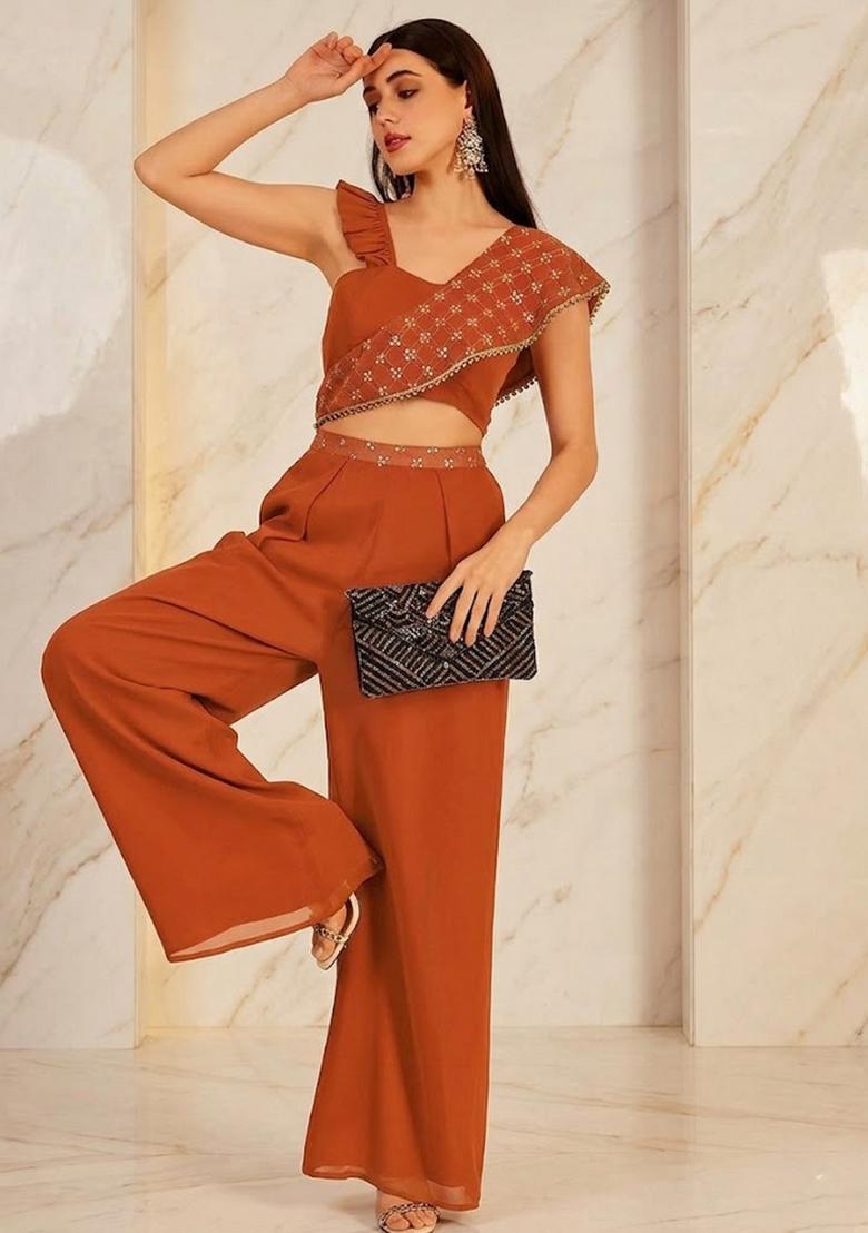 Rust Orange Embroidered Handwork Fusion Set - Indya
