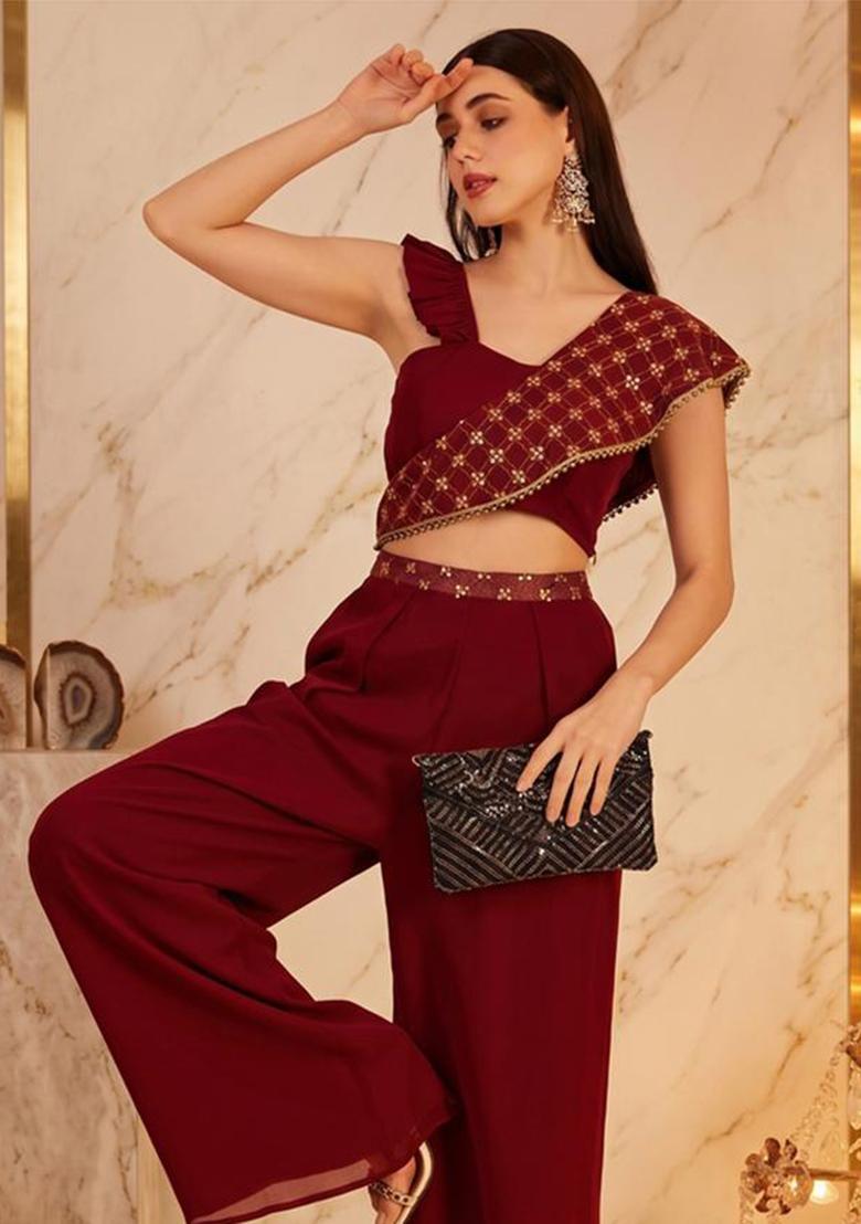 Maroon Embroidered Handwork Fusion Set - Indya
