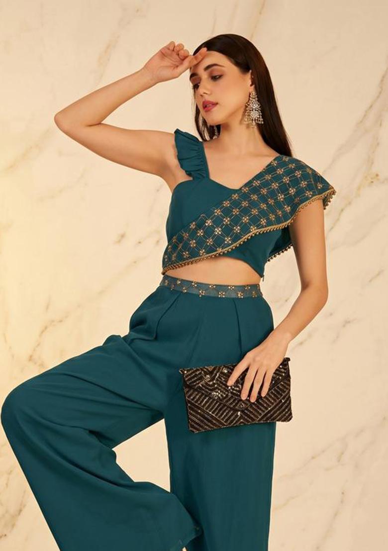 Deep Teal Embroidered Handwork Fusion Set - Indya