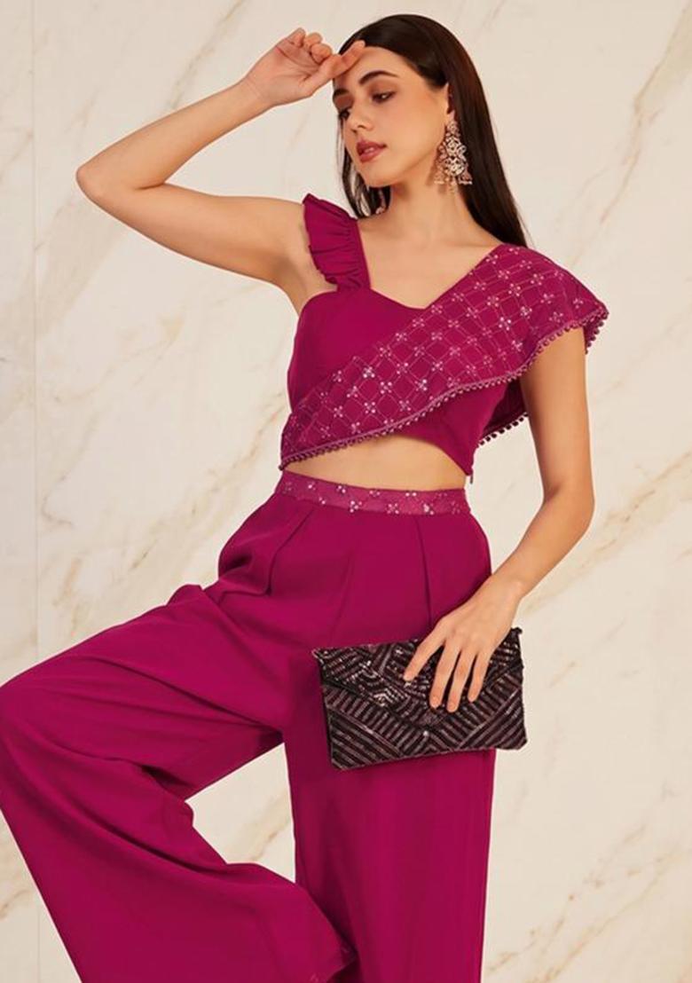 Wine Embroidered Handwork Fusion Set - Indya