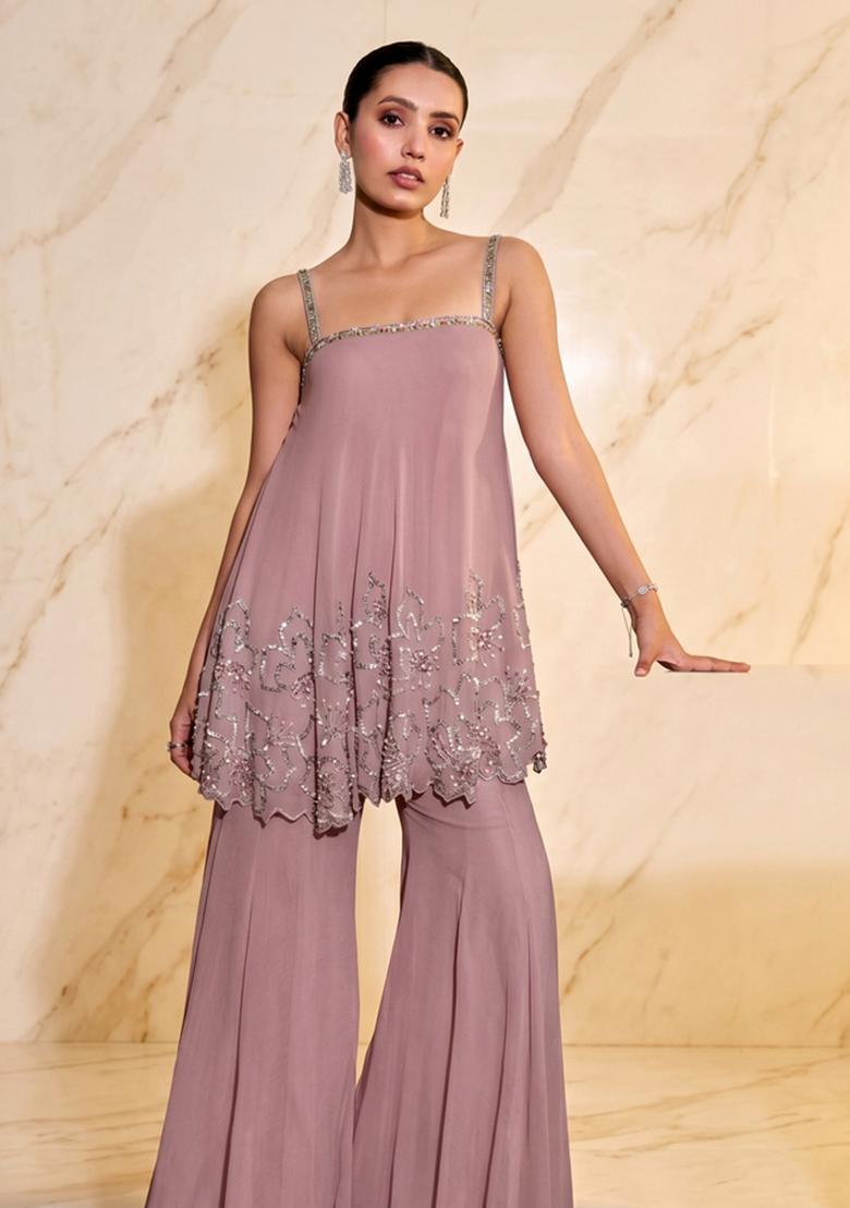 Dusty Pink Embroidered Handwork Fusion Set - Indya