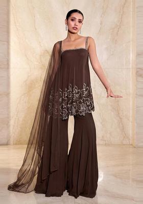 Chocolate Brown Embroidered Handwork Fusion Set