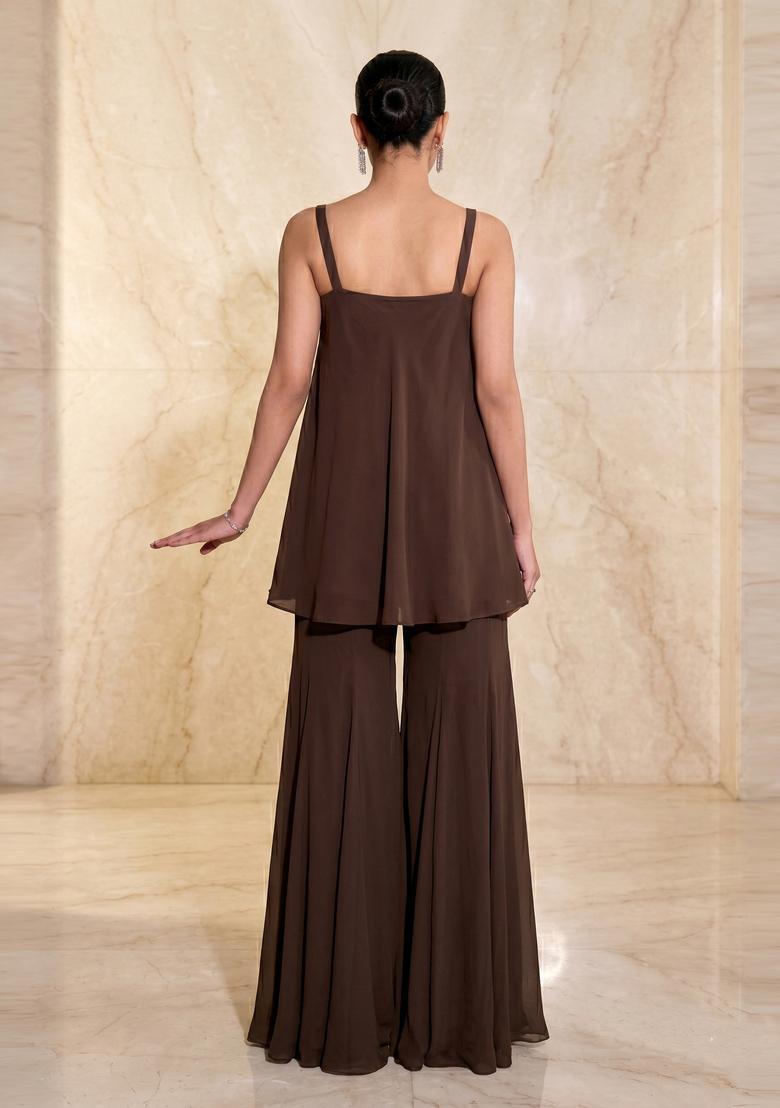 Chocolate Brown Embroidered Handwork Fusion Set - Indya
