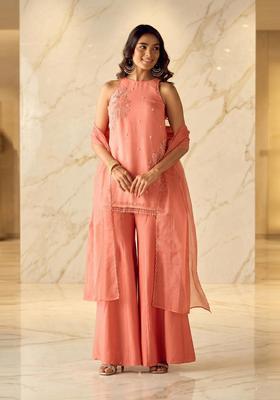 Coral Peach Embroidered Handwork Sharara Set
