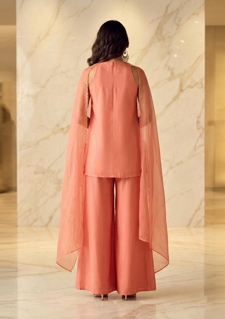Coral Peach Embroidered Handwork Sharara Set - Indya
