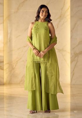 Lime Green Embroidered Handwork Sharara Set