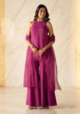 Dark Purple Embroidered Handwork Sharara Set