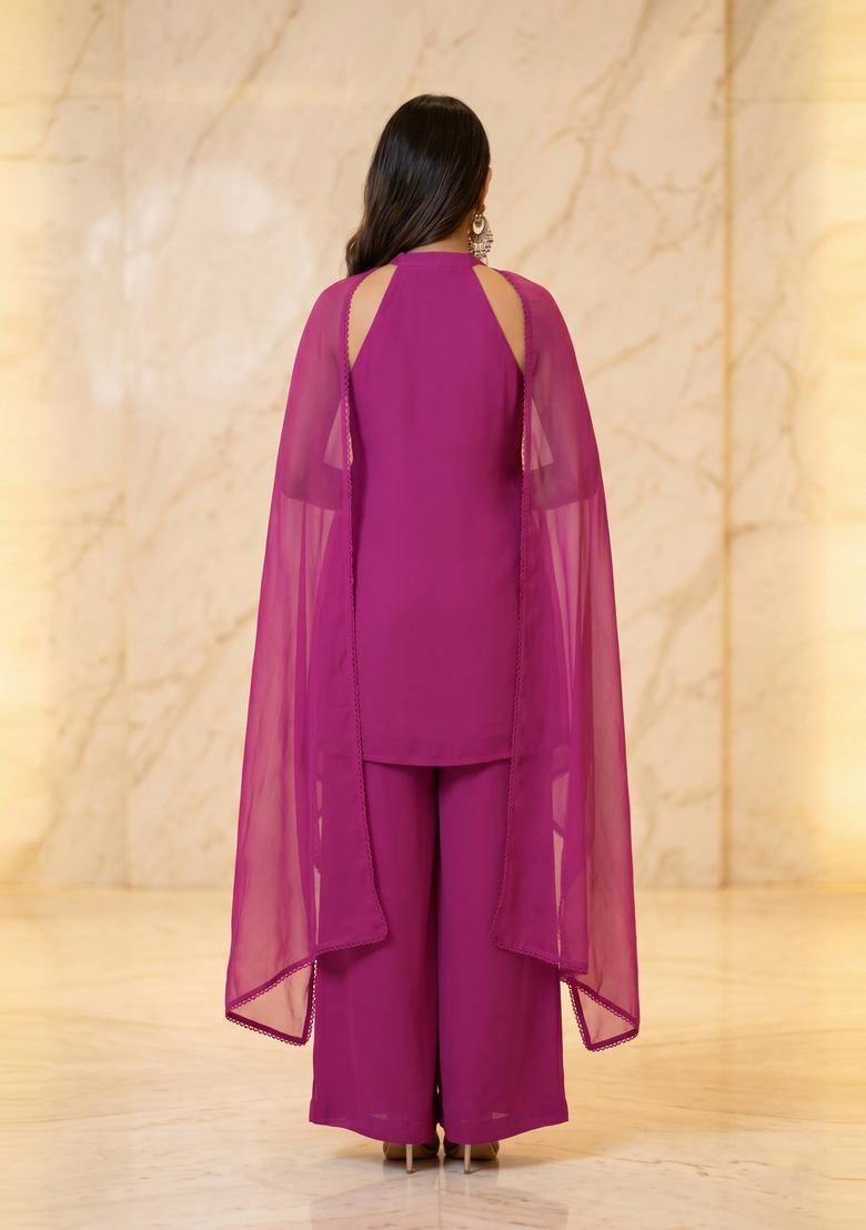 Dark Purple Embroidered Handwork Sharara Set - Indya
