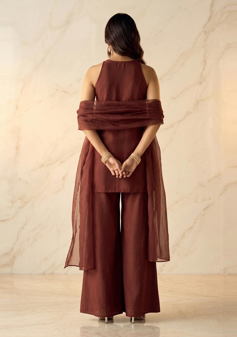 Coffee Brown Embroidered Handwork Sharara Set - Indya
