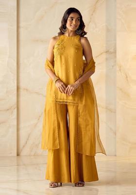 Mustard Embroidered Handwork Sharara Set