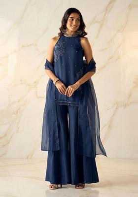 Dark Blue Embroidered Handwork Sharara Set
