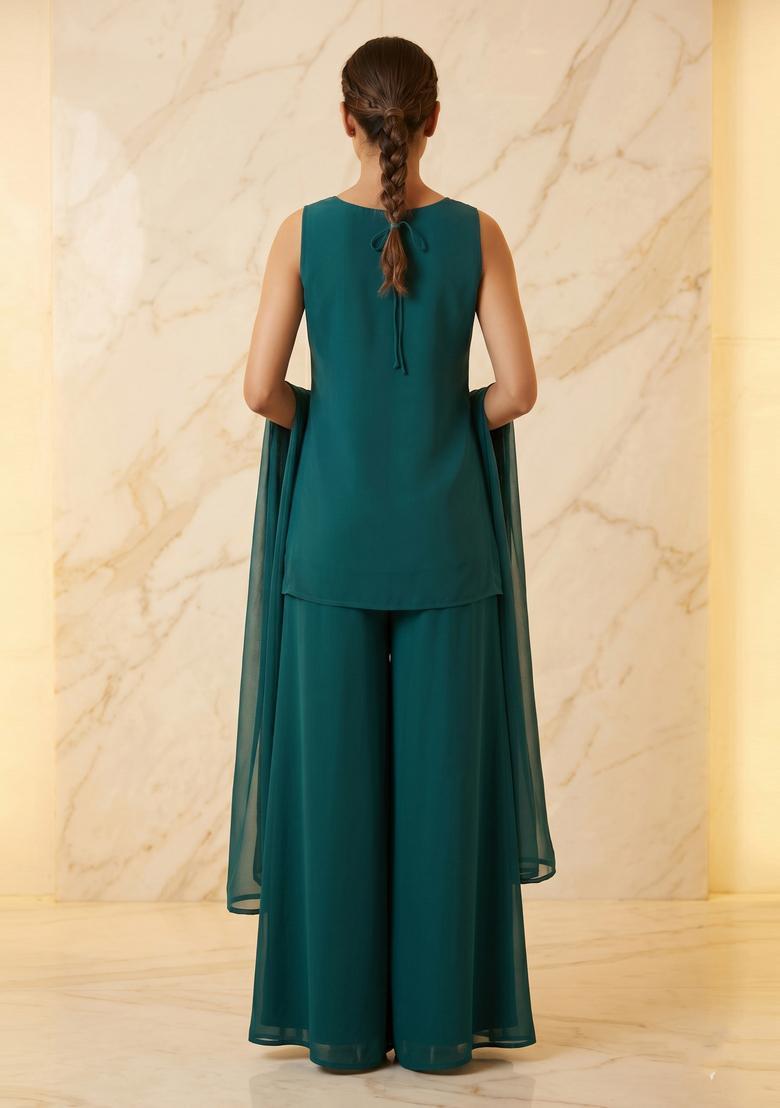 Deep Teal Embroidered Handwork Sharara Set - Indya