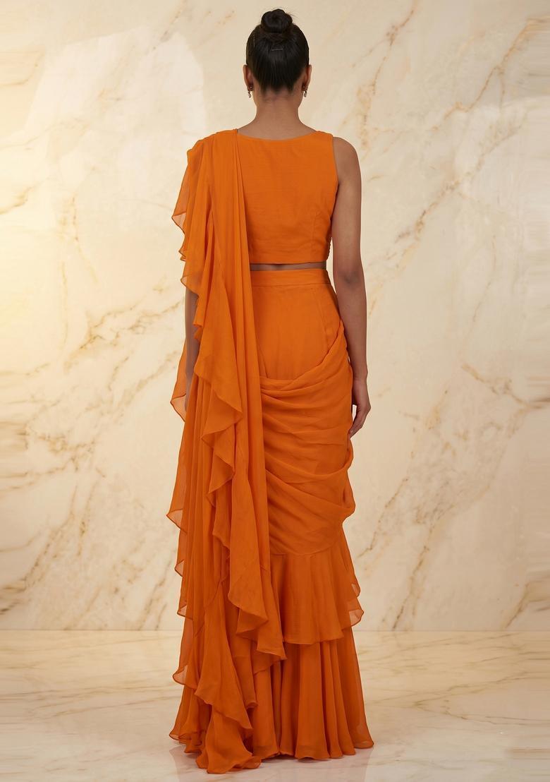 Bright Orange Embroidered Handwork Pre Draped Saree Set - Indya