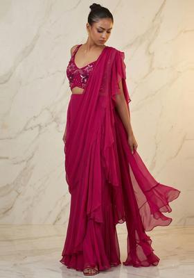 Magenta Embroidered Handwork Pre Draped Saree Set