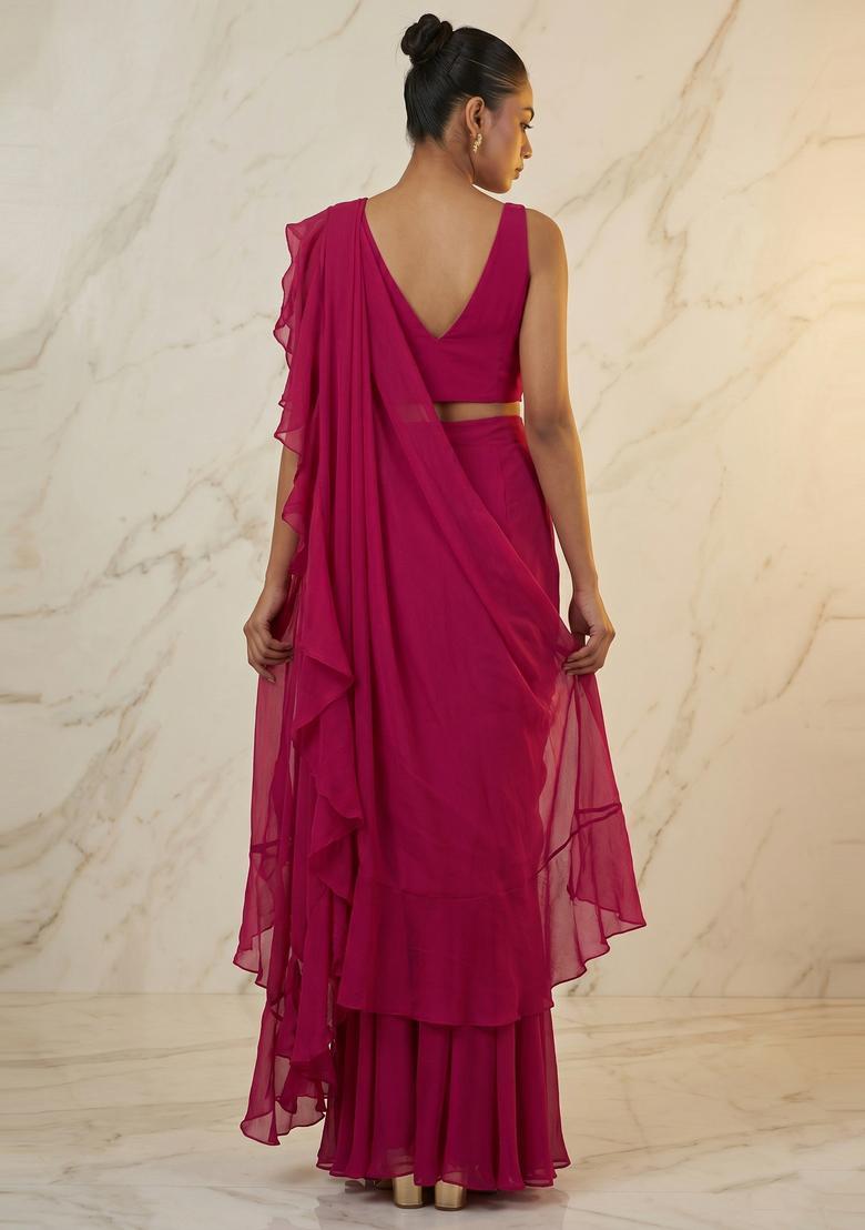Magenta Embroidered Handwork Pre Draped Saree Set - Indya