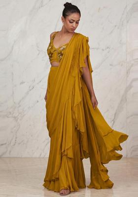 Mustard Embroidered Handwork Pre Draped Saree Set