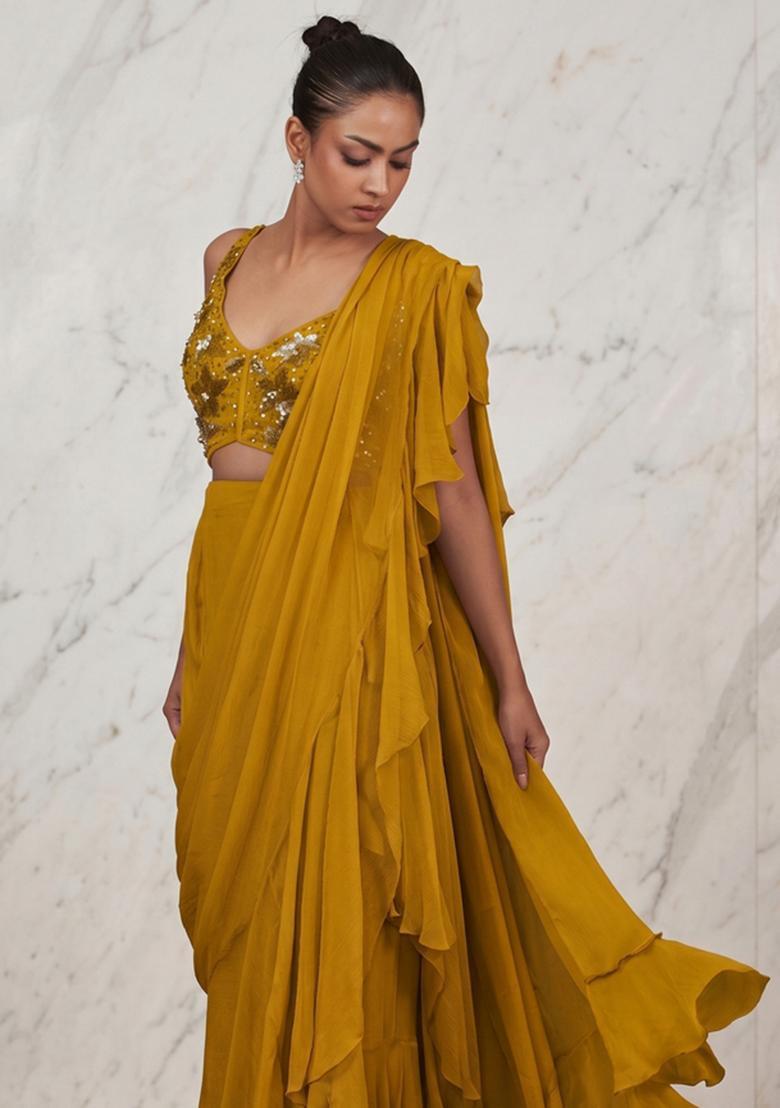 Mustard Embroidered Handwork Pre Draped Saree Set - Indya