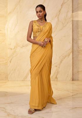 Mustard Embroidered Handwork Pre Draped Saree Set