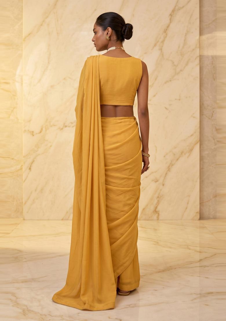 Mustard Embroidered Handwork Pre Draped Saree Set - Indya