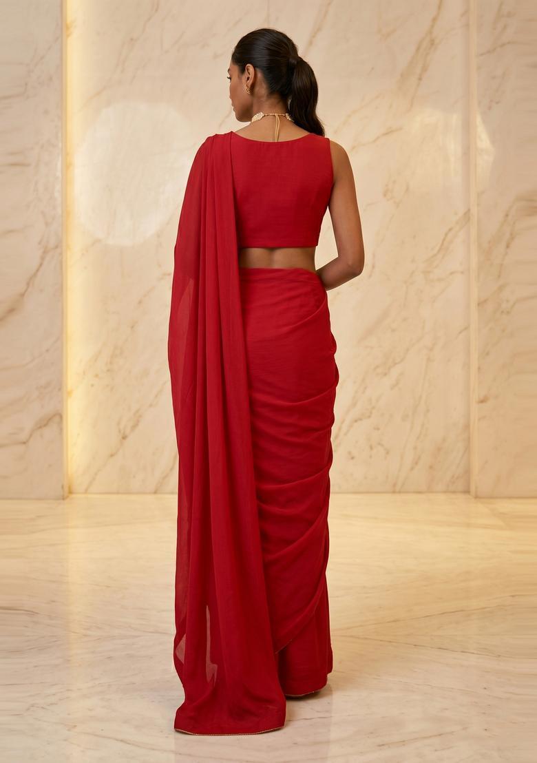 Red Embroidered Handwork Pre Draped Saree Set - Indya