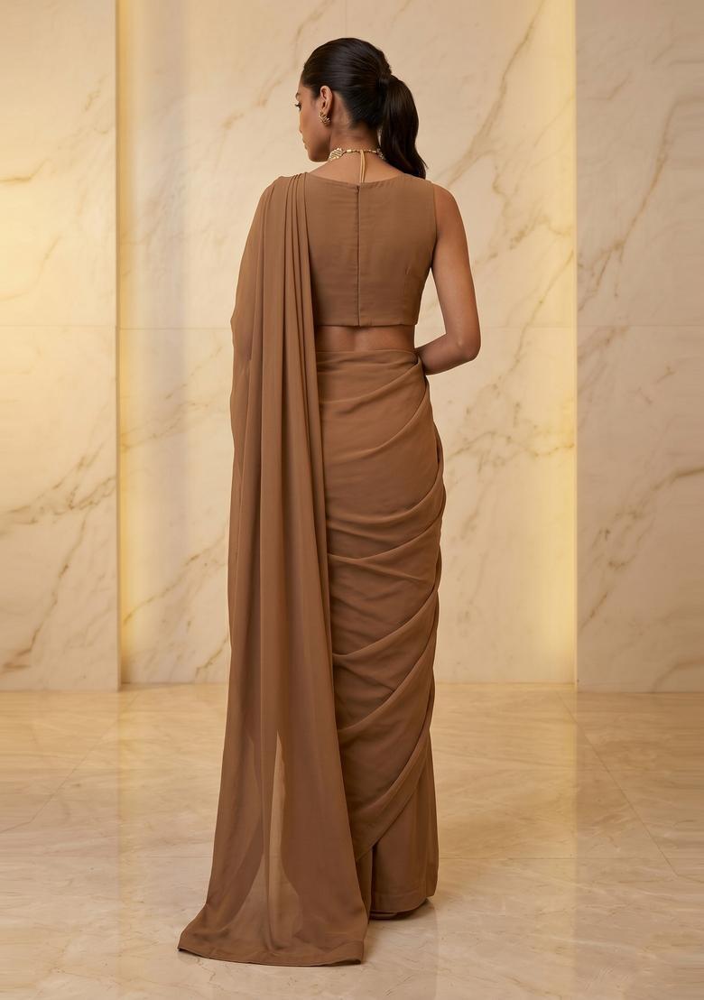 Brown Embroidered Handwork Pre Draped Saree Set - Indya