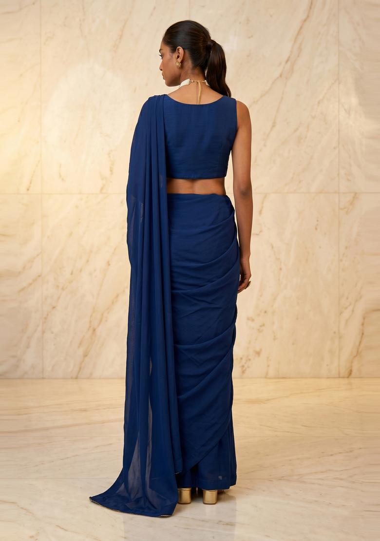 Navy Blue Embroidered Handwork Pre Draped Saree Set - Indya