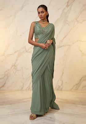 Sage Green Embroidered Handwork Pre Draped Saree Set