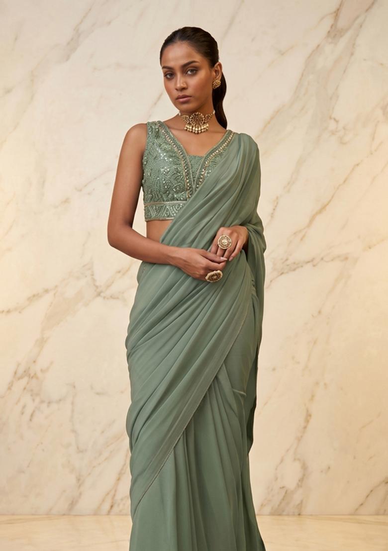 Sage Green Embroidered Handwork Pre Draped Saree Set - Indya