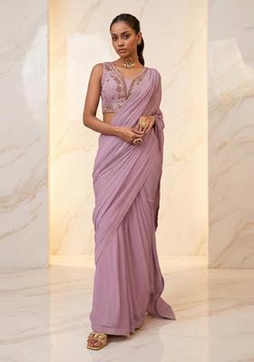 Lavender Embroidered Handwork Pre Draped Saree Set