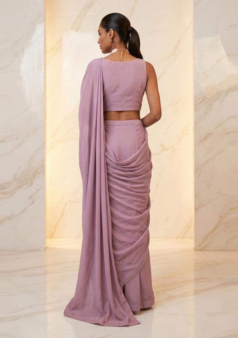 Lavender Embroidered Handwork Pre Draped Saree Set - Indya