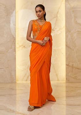 Orange Embroidered Handwork Pre Draped Saree Set