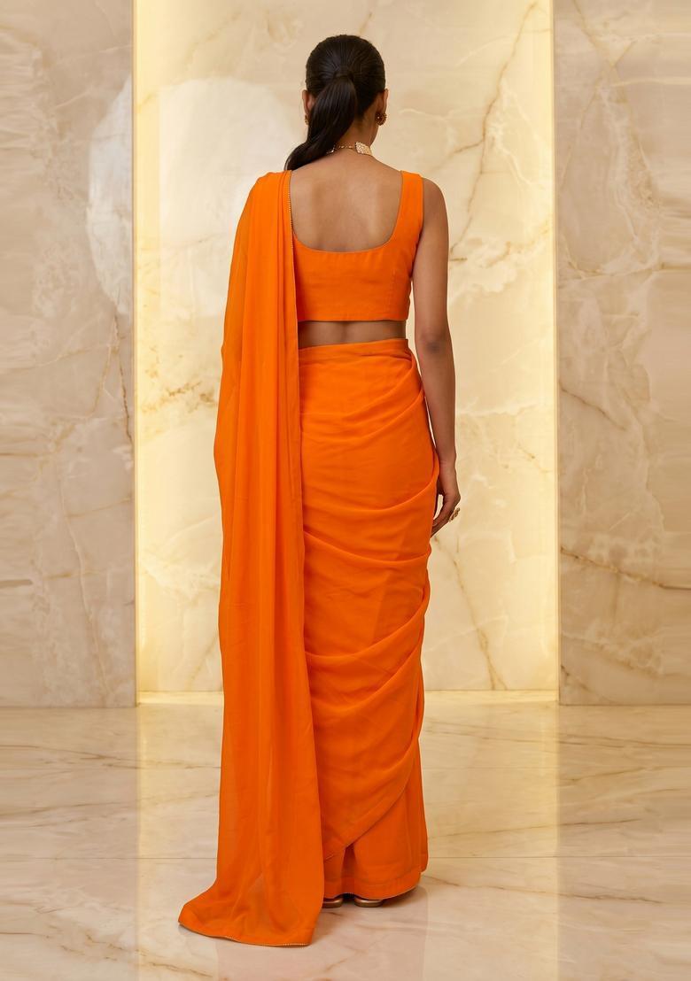 Orange Embroidered Handwork Pre Draped Saree Set - Indya