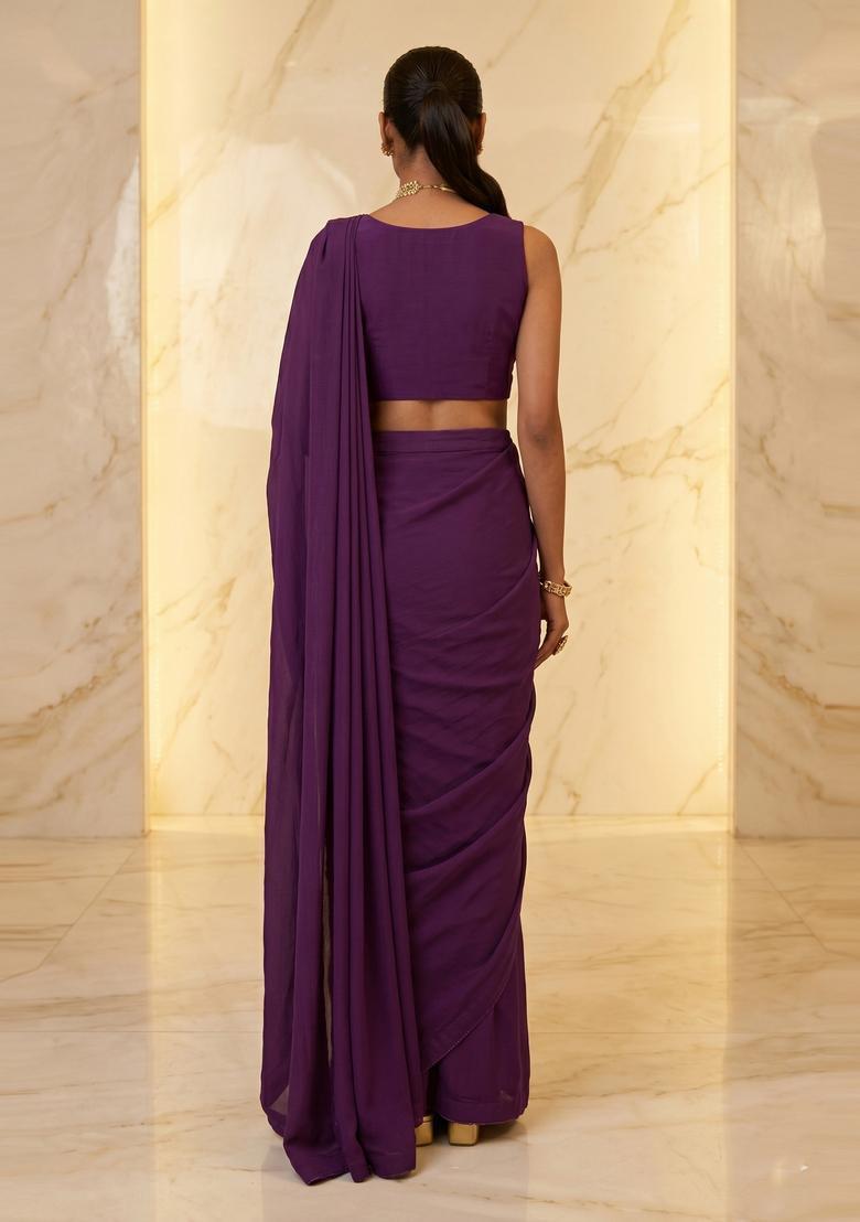 Purple Embroidered Handwork Pre Draped Saree Set - Indya