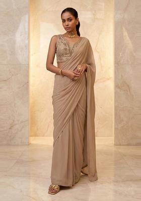 Beige Embroidered Handwork Pre Draped Saree Set