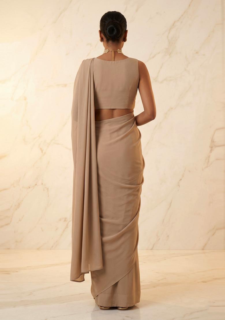 Beige Embroidered Handwork Pre Draped Saree Set - Indya