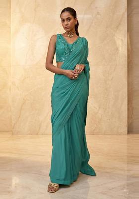 Teal Embroidered Handwork Pre Draped Saree Set