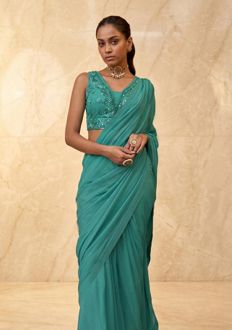 Teal Embroidered Handwork Pre Draped Saree Set - Indya