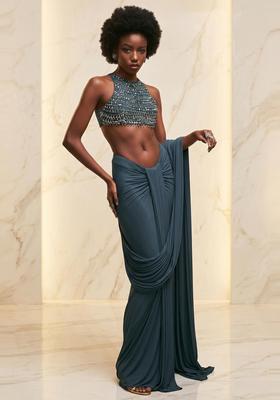 Teal Embroidered Handwork Pre Draped Saree Set