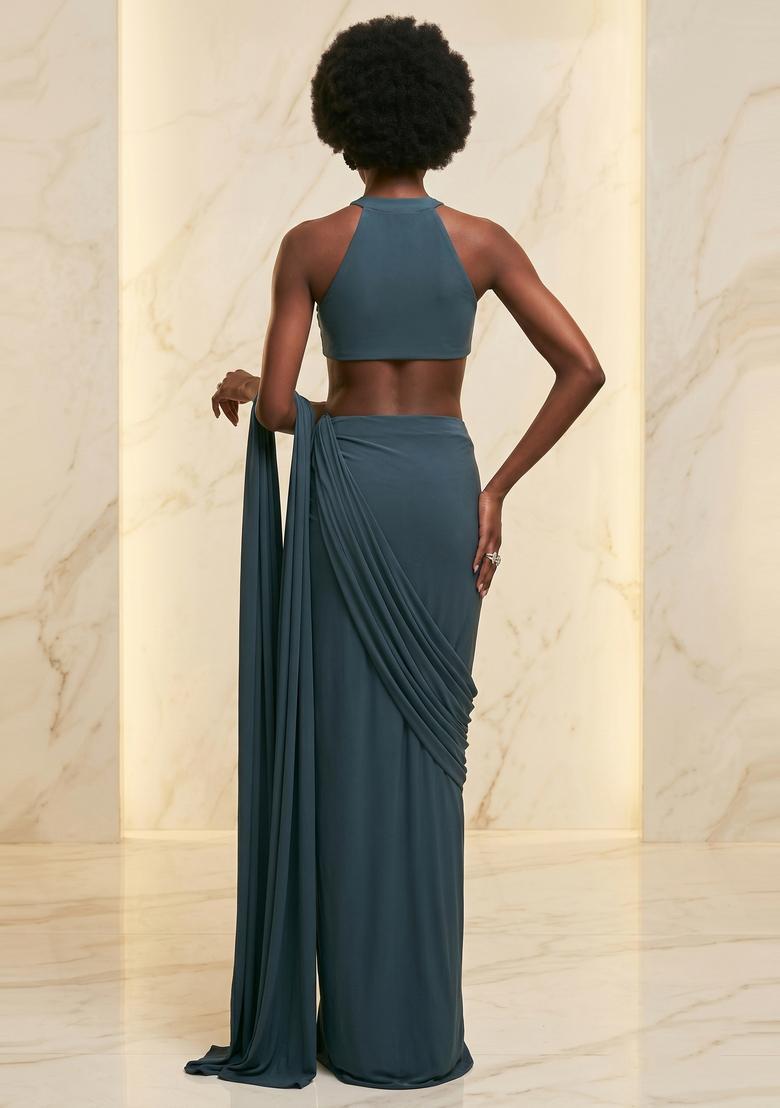 Teal Embroidered Handwork Pre Draped Saree Set - Indya