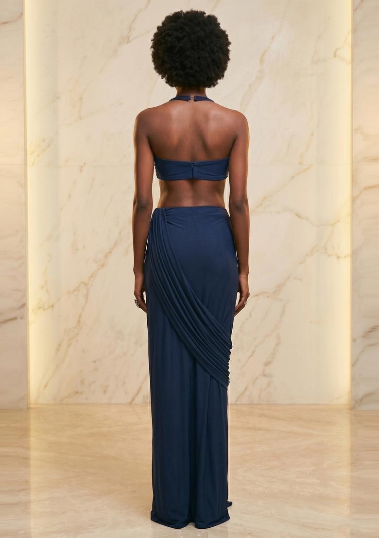 Navy Blue Embroidered Handwork Pre Draped Saree Set - Indya