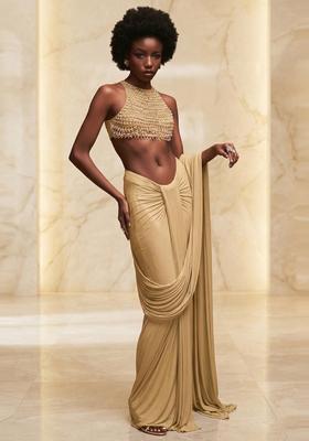 Champagne Gold Embroidered Handwork Pre Draped Saree Set