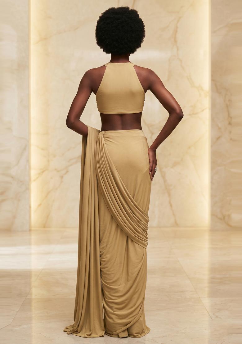 Champagne Gold Embroidered Handwork Pre Draped Saree Set - Indya