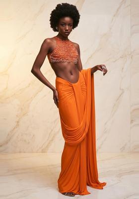 Bright Orange Embroidered Handwork Pre Draped Saree Set