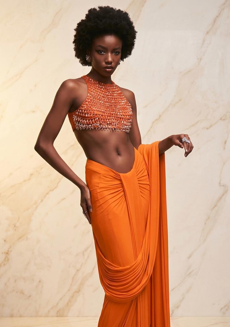 Bright Orange Embroidered Handwork Pre Draped Saree Set - Indya