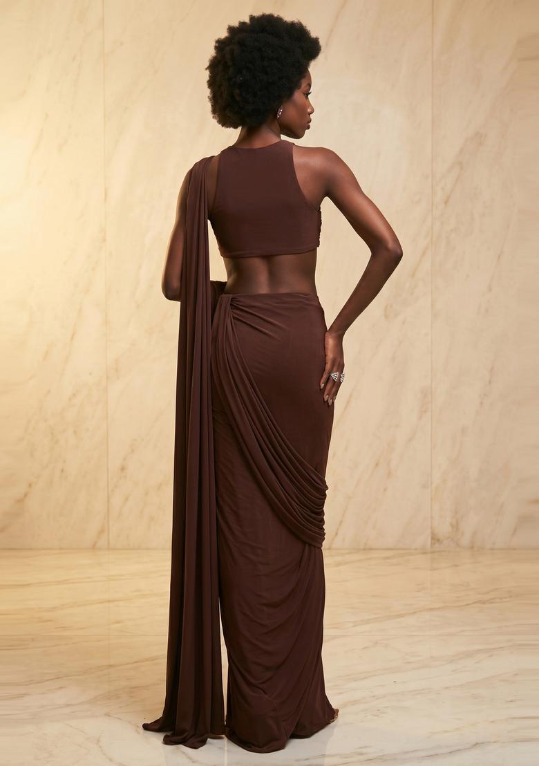 Chocolate Brown Embroidered Handwork Pre Draped Saree Set - Indya