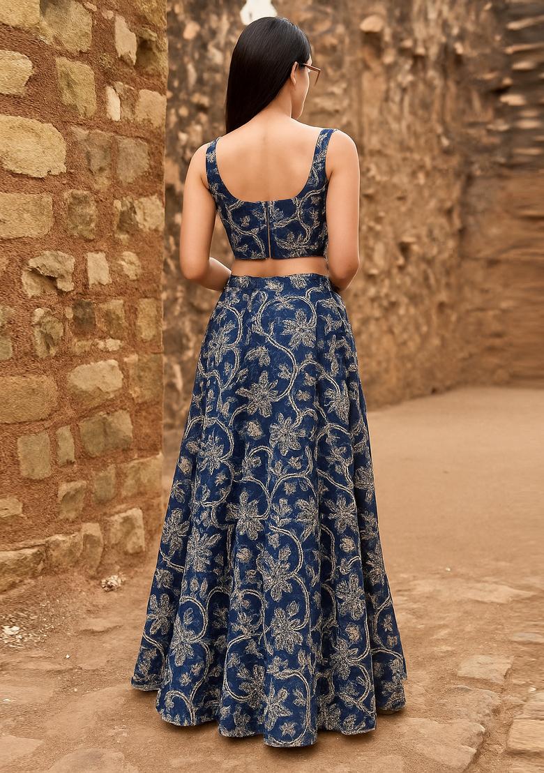 Blue Embroidered Denim Co-Ord Set - Indya