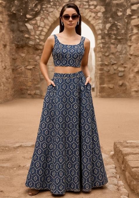 Blue Embroidered Denim Co-Ord Set