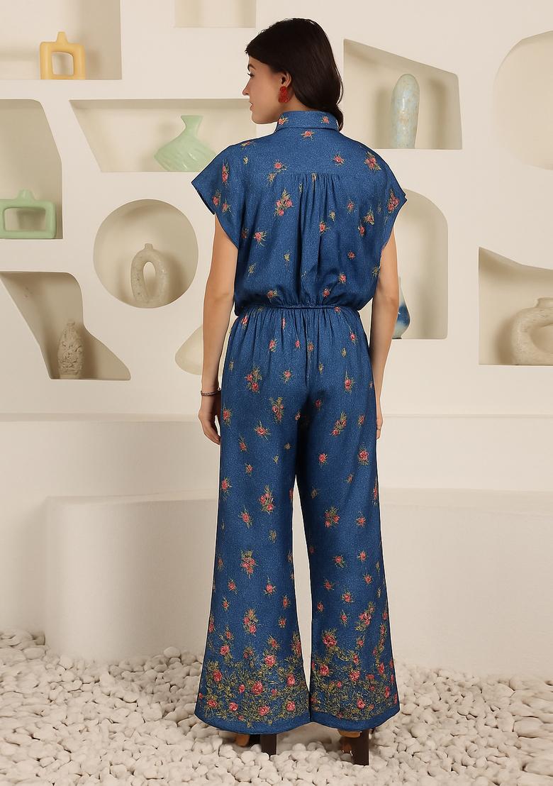 Blue Embroidered Denim Co-Ord Set - Indya