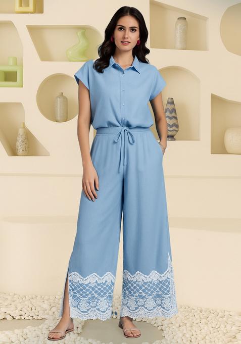 Light Blue Solid Cotton Denim Co-Ord Set